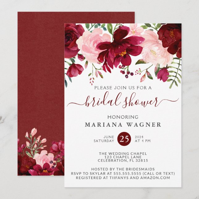 Burgundy and Pink Watercolor Floral Bridal Shower  Invitation (Front/Back)