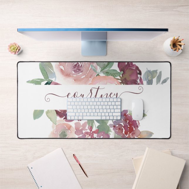 Burgundy and pink watercolor floral personalized   desk mat (Office 1)