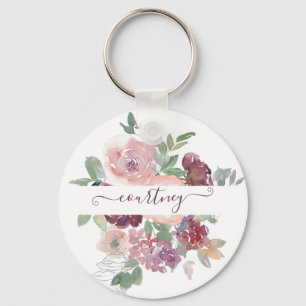 Burgundy and pink watercolor floral personalized keychain