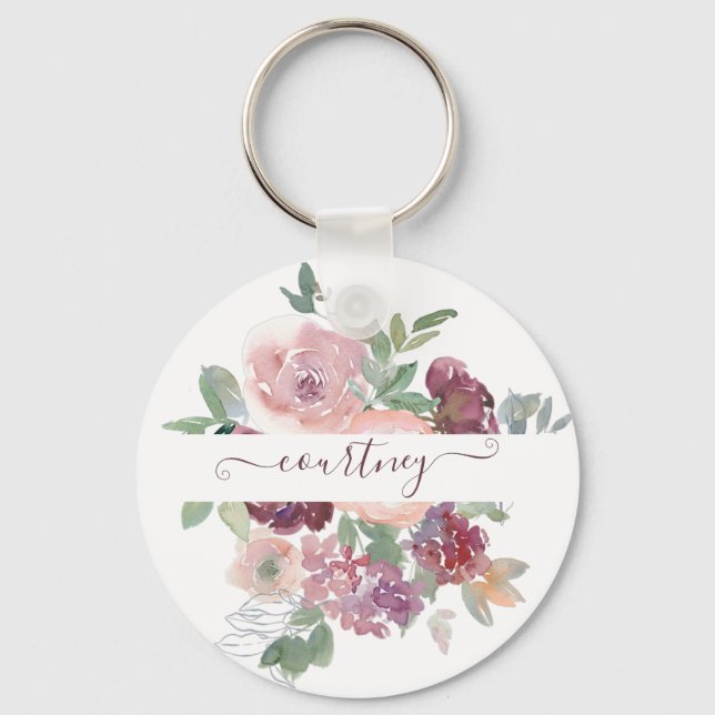 Burgundy and pink watercolor floral personalized   keychain (Front)