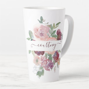 Burgundy and pink watercolor floral personalized   latte mug