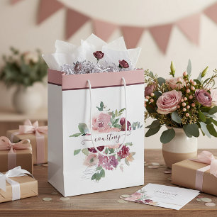 Burgundy and pink watercolor floral personalized   medium gift bag