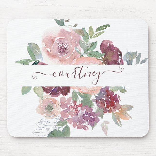 Burgundy and pink watercolor floral personalized   mouse pad (Front)