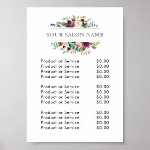 Burgundy and Pink Watercolor Floral Price List Poster