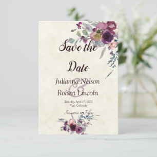 Burgundy and pink watercolor floral save the date invitation