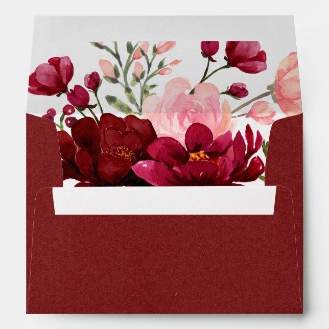 Burgundy and Pink Watercolor Floral Wedding Envelo Envelope (Back (Bottom))