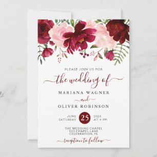 Burgundy and Pink Watercolor Floral Wedding Invita Invitation