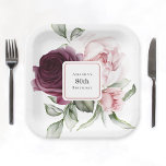 Burgundy and Pink Watercolor Roses 80th Birthday Paper Plate<br><div class="desc">Beautiful watercolor roses floral paper plates to add a personal look to your birthday party. This design is especially for a 80th birthday celebration, but the text can be edited to anything you wish! This lovely design feature a floral bouquet with a centre frame inset that you can personalize with...</div>
