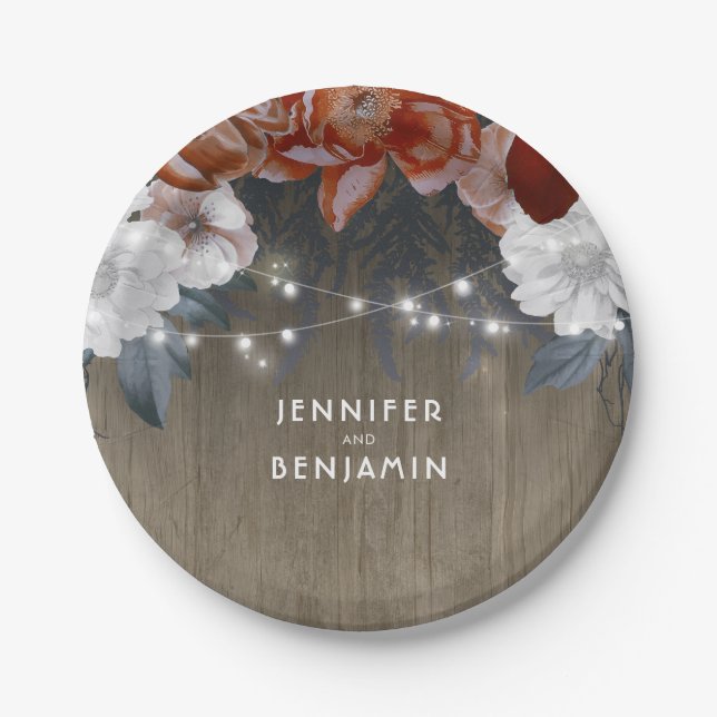 Burgundy and Plum Floral Rustic Wood String Lights Paper Plate (Front)