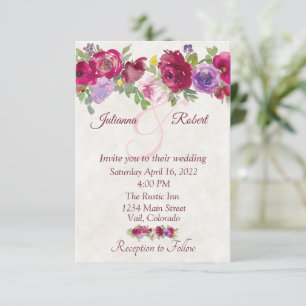 Burgundy and purple floral budget wedding invitation