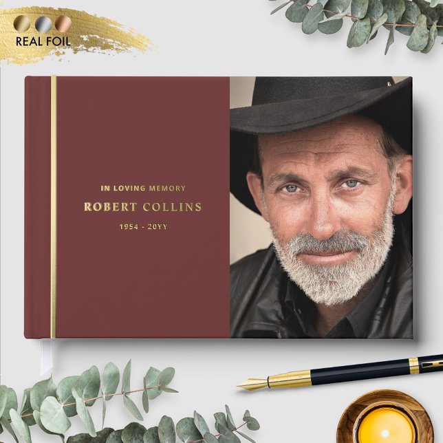Burgundy and Real Foil In Loving Memory Funeral Guest Book (Creator Uploaded)