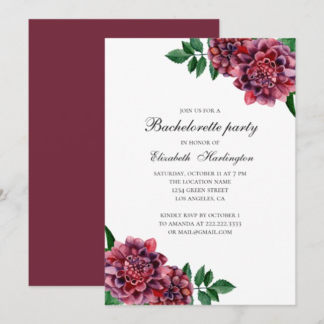 Burgundy and red dahlia. Flower bachelorette party Invitation (Front/Back)