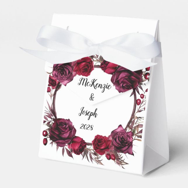 Burgundy and Red Roses Branch Wreath Wedding Favor Box (Front Side)