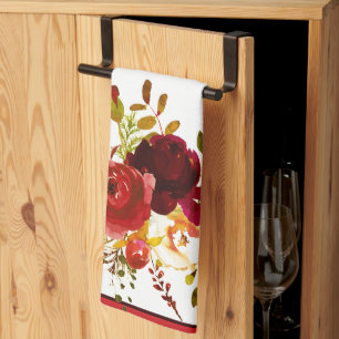 Burgundy and red watercolor roses kitchen towel