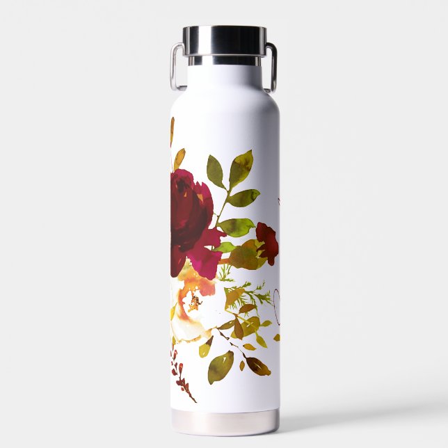 Burgundy and red watercolor roses personalized water bottle (Front)