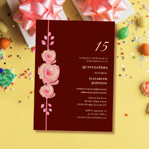 burgundy and rose gold elegant floral quinceañera invitation
