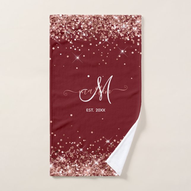 Burgundy and Rose Gold Glitter Family Monogrammed Hand Towel (Hand Towel)