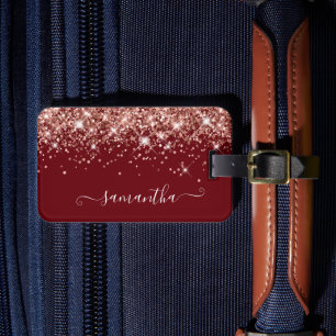 Burgundy and Rose Gold Glitter Girly Signature Luggage Tag