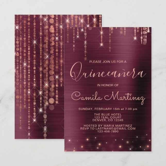 Burgundy and Rose Gold Quinceanera Party Invitation (Front/Back)