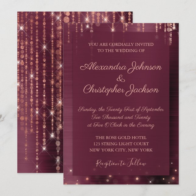Burgundy and Rose Gold Sparkle Wedding Invitation (Front/Back)