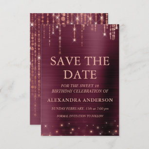 Burgundy and Rose Gold Sweet 16 Save the Date Invitation