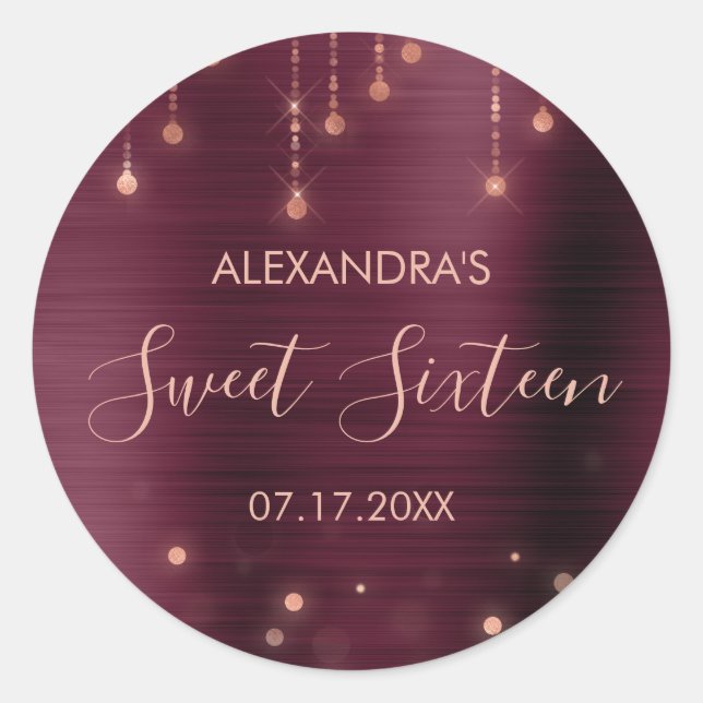 Burgundy and Rose Gold Sweet Sixteen Birthday Classic Round Sticker (Front)