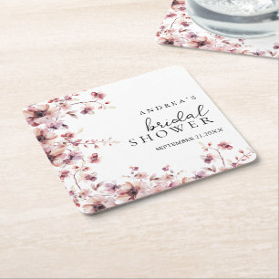 Burgundy and Rose Watercolor Floral Bridal Shower Square Paper Coaster