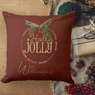 Burgundy And Shimmering Holly Jolly Christmas  Throw Pillow