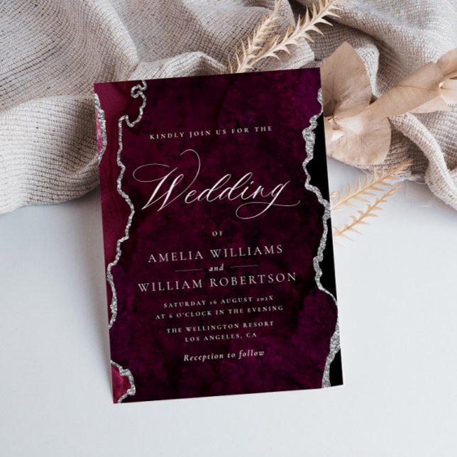 burgundy and silver agate calligraphy wedding invitation (Creator Uploaded)