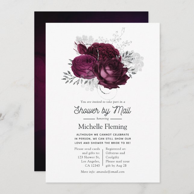 Burgundy and Silver Floral Shower by Mail Invitation (Front/Back)