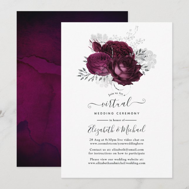 Burgundy and Silver Floral Virtual Wedding Invitation (Front/Back)