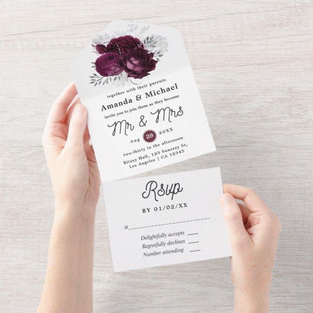Burgundy and Silver Floral Wedding All In One Invitation (Tearaway)