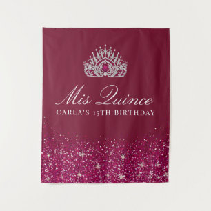 Burgundy and Silver Glitter   Quinceanera Backdrop Tapestry