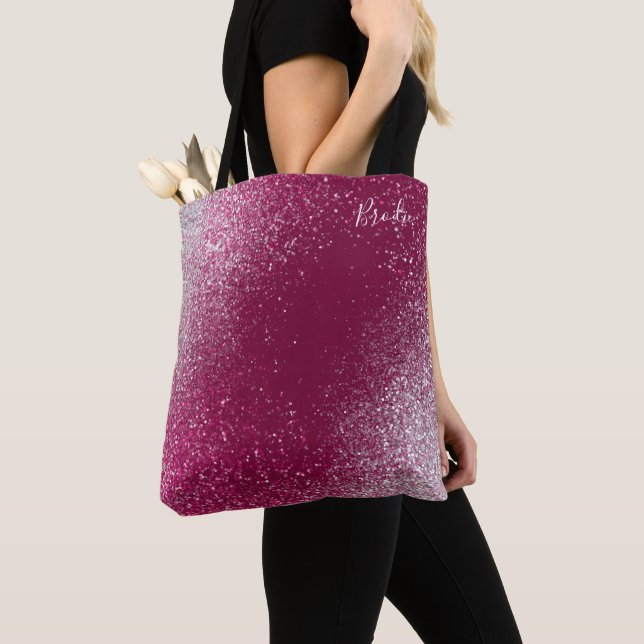 Burgundy and Silver Glitter Tote Bag (Close Up)