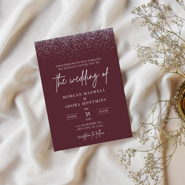 Burgundy and Silver Glitter Wedding Invitation (Creator Uploaded)