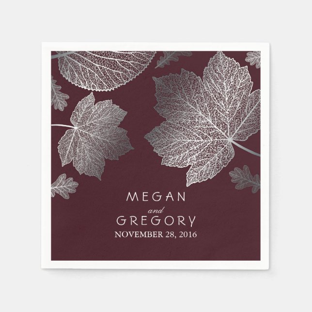 Burgundy and Silver Leaves Fall Wedding Napkin (Front)