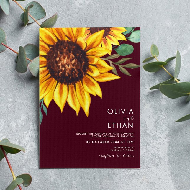 Burgundy and Sunflower Floral Botanical Wedding Invitation (Creator Uploaded)