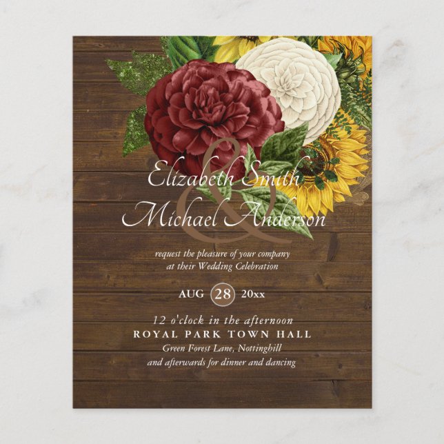 Burgundy and Sunflowers Themed Wedding Budget (Front)