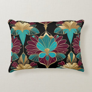 Burgundy and teal art deco floral accent pillow