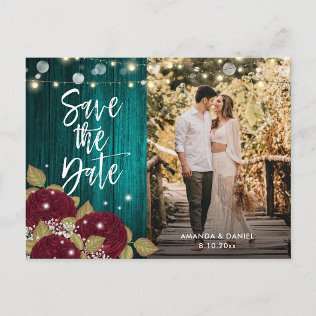 Burgundy and Teal Wedding Save The Date Photo Announcement Postcard (Front)