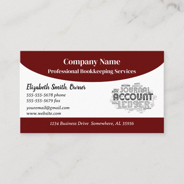 Burgundy and White Bookkeeping Business Card (Front)