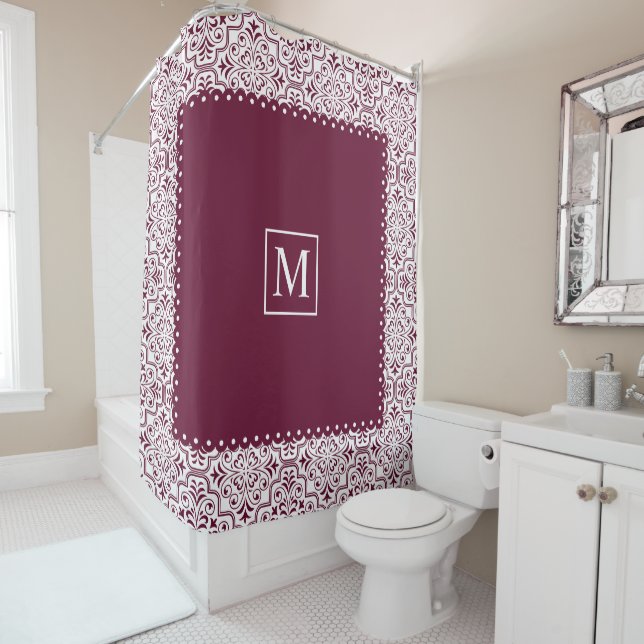 Burgundy and white damask pattern and monogram (In Situ)