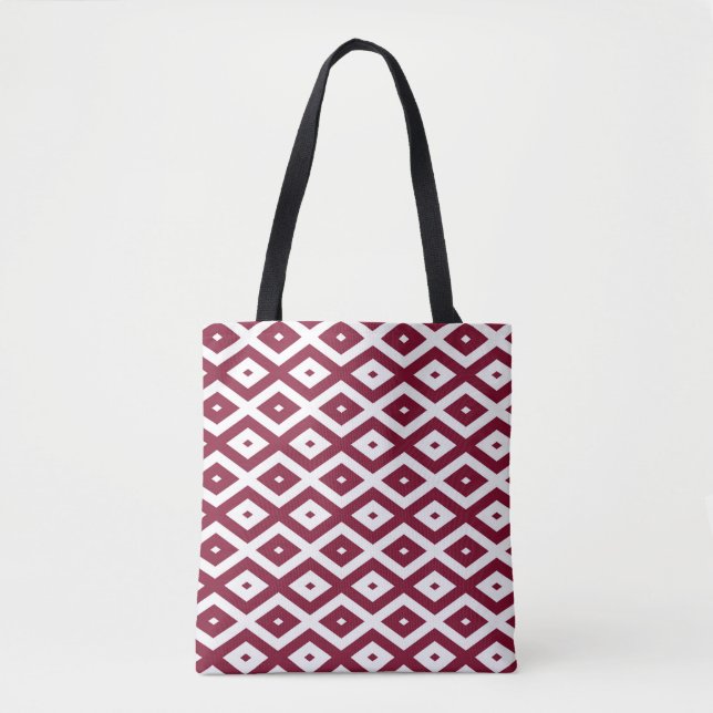 Burgundy and white diamond pattern tote bag (Front)