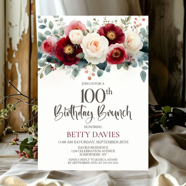 Burgundy and White Floral 100th Birthday Brunch Invitation (Creator Uploaded)