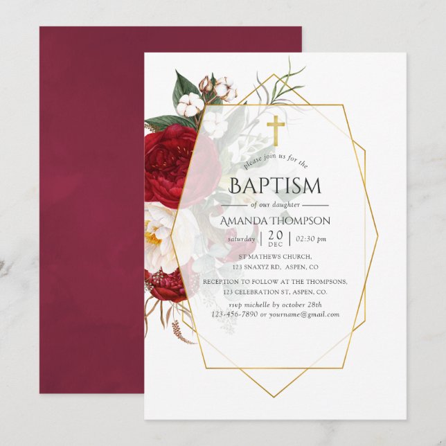 Burgundy and White Floral Geometric Baptism Invitation (Front/Back)