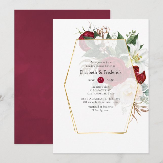 Burgundy and White Floral Geometric Wedding Shower Invitation (Front/Back)