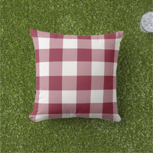 Burgundy and White Gingham Check Buffalo Plaid Outdoor Pillow