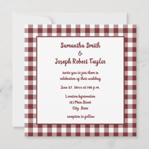 Burgundy and White Gingham Plaid Wedding Invitation