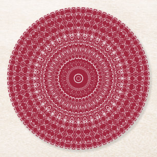 Burgundy and White Intricate Mandala Pattern Round Paper Coaster