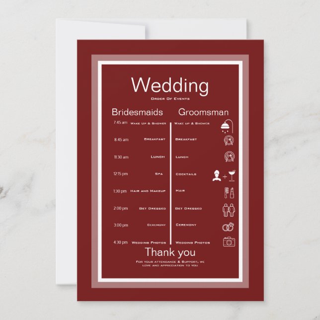 Burgundy and white itinerary  invitation (Front)